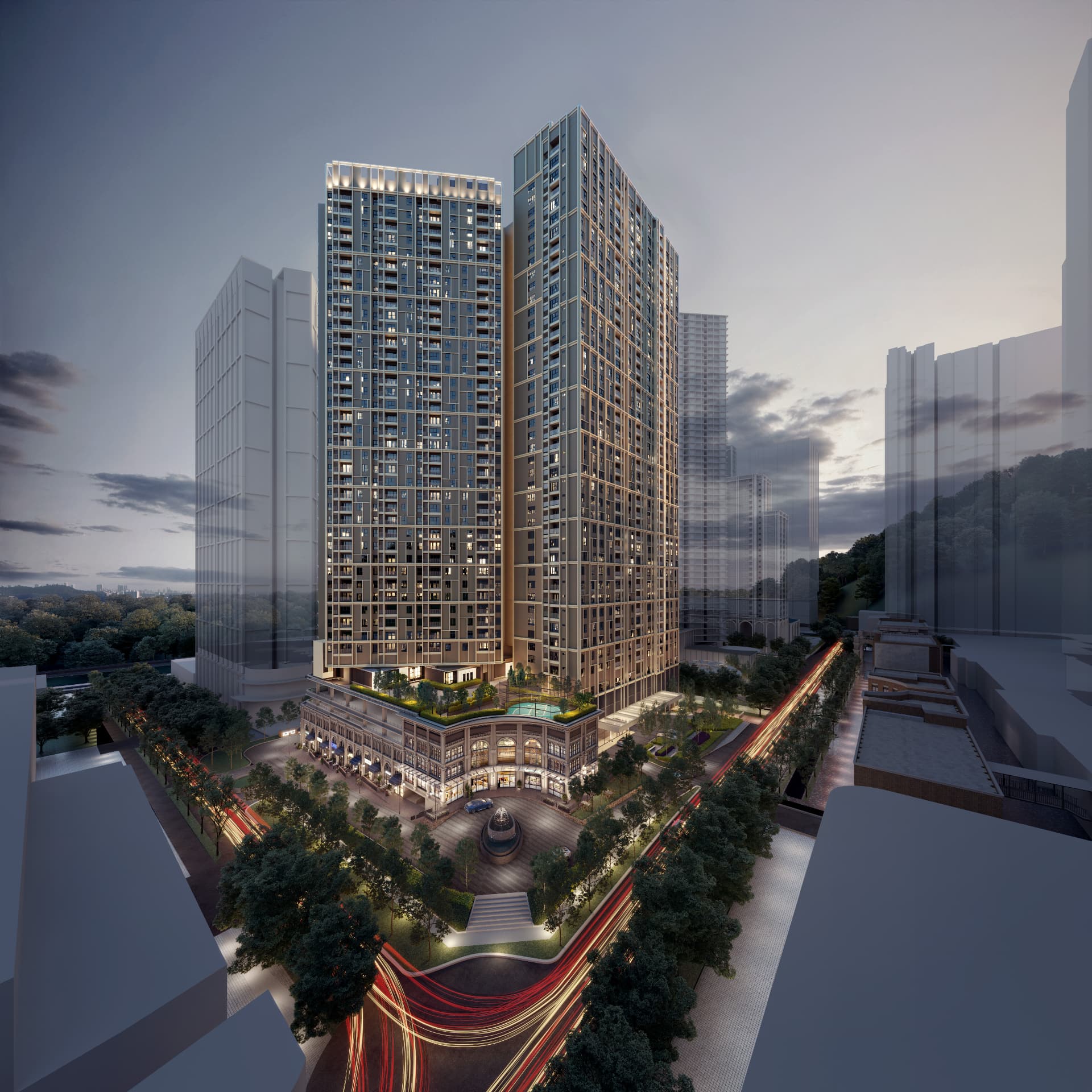 The Aldenz tower and colonial-inspired podium facade